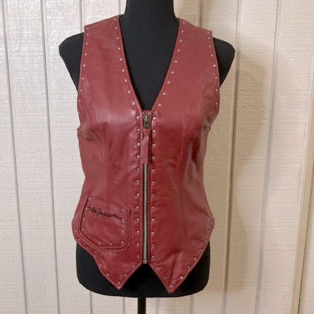 HARLEY-DAVIDSON | Red Genuine Leather Moto Studded Zip Up Women’s Vest Sz Large - Picture 6 of 15
